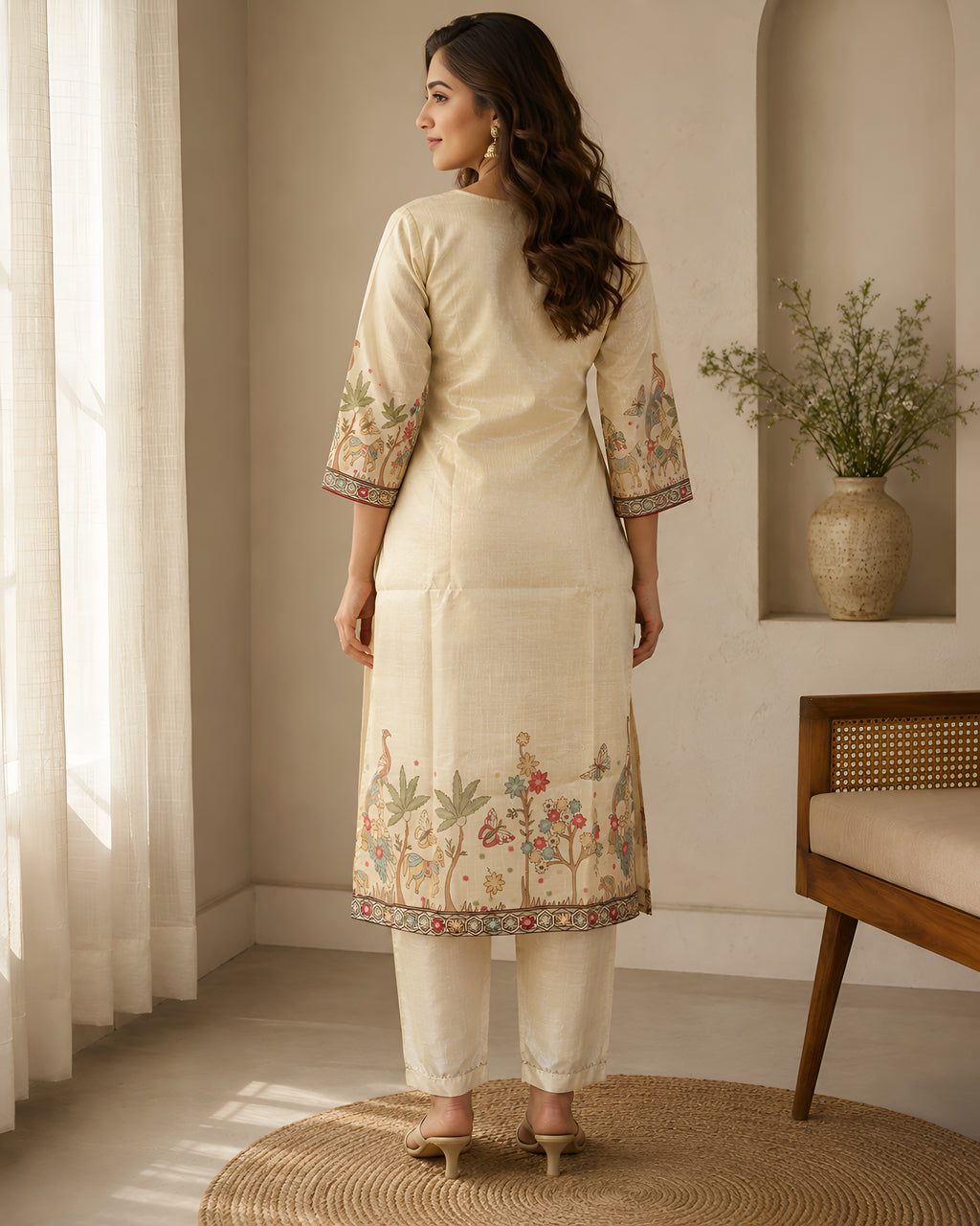 GlamVastra Mayur Vatika Beige Bamboo Silk Blend Kurta Set