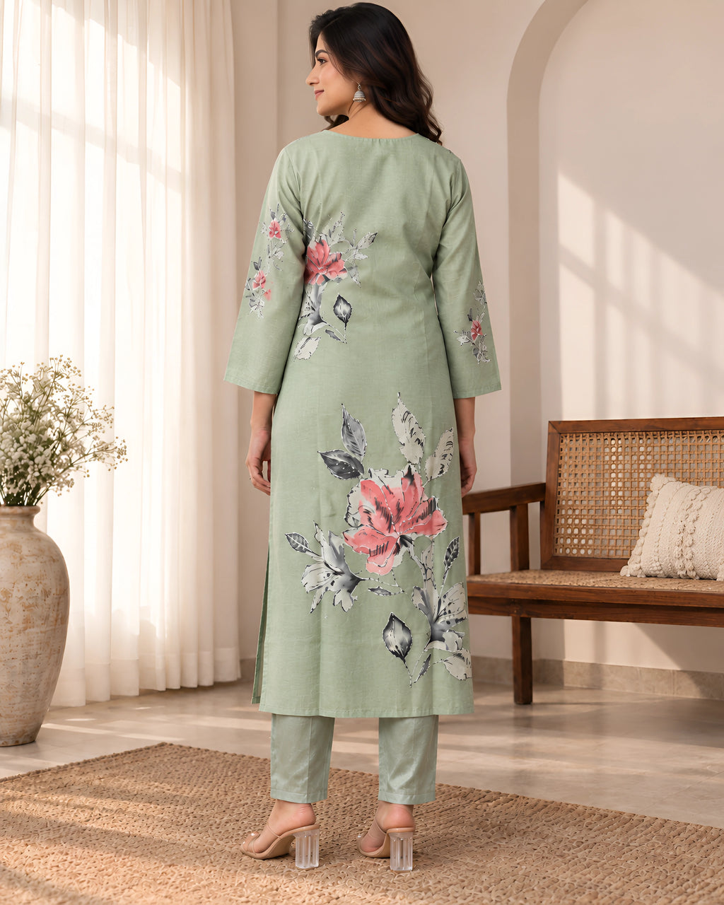 GlamVastra Sage Green Floral Printed Kurta Set with Dupatta