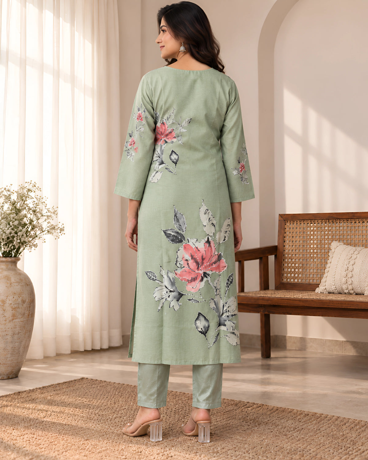 GlamVastra Sage Green Floral Printed Kurta Set with Dupatta