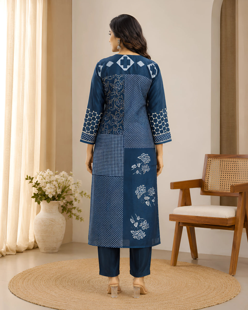 GlamVastra Indigo Mul Chanderi Placement Print Kurta Set with Hand Thread & Kantha Work