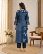 GlamVastra Indigo Mul Chanderi Placement Print Kurta Set with Hand Thread & Kantha Work