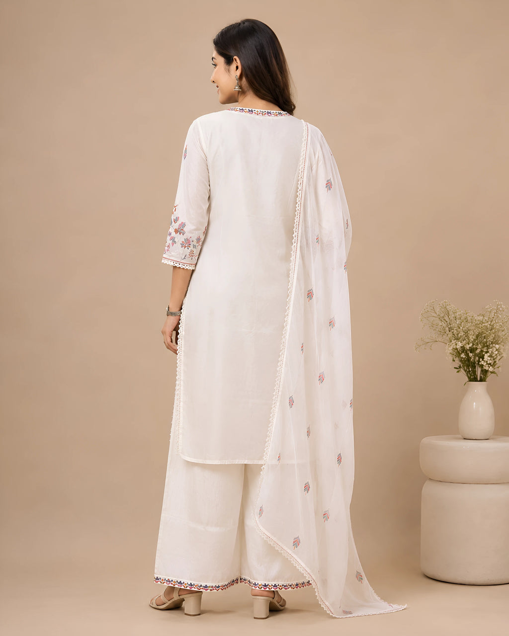 GlamVastra Gulbahar Soft White Pure Cotton Thread Embroidered Kurta Palazzo Set with Dupatta