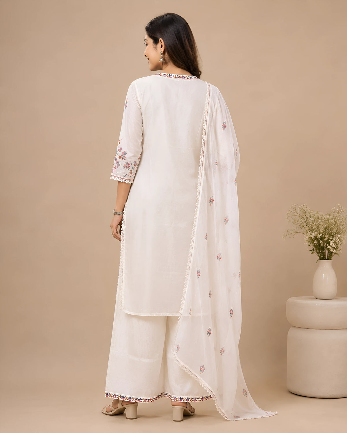 GlamVastra Gulbahar Soft White Pure Cotton Thread Embroidered Kurta Palazzo Set with Dupatta