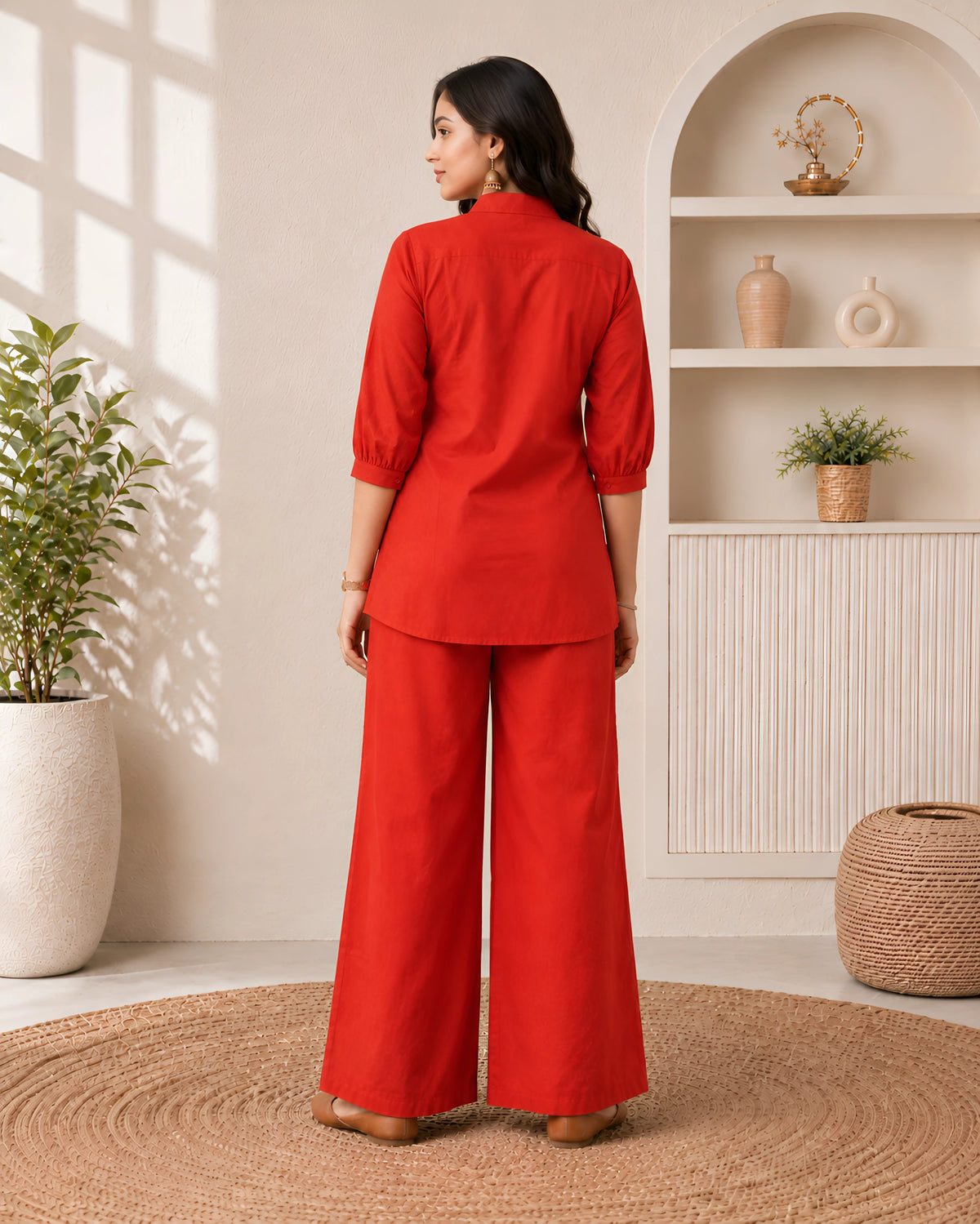 GlamVastra Terracotta Bloom Rust Linen Cotton Embroidered Co-Ord Set