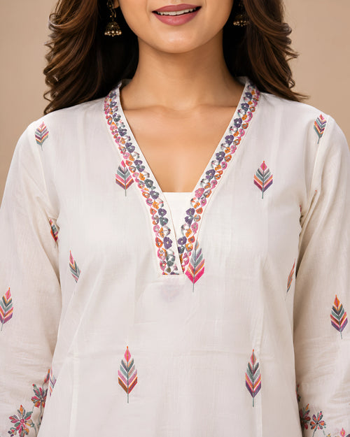 GlamVastra Gulbahar Soft White Pure Cotton Thread Embroidered Kurta Palazzo Set with Dupatta