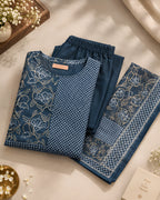 GlamVastra Indigo Mul Chanderi Placement Print Kurta Set with Hand Thread & Kantha Work