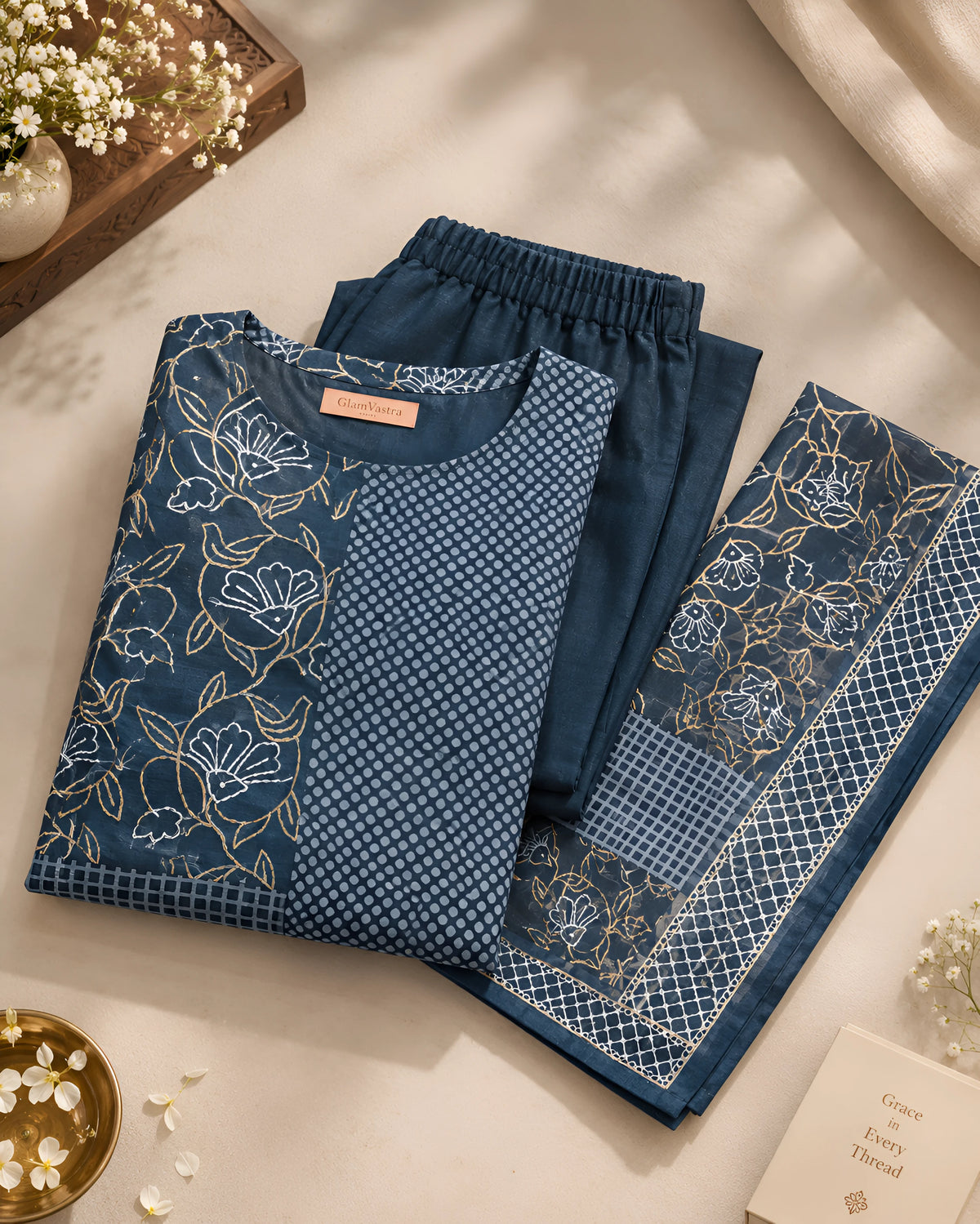 GlamVastra Indigo Mul Chanderi Placement Print Kurta Set with Hand Thread & Kantha Work