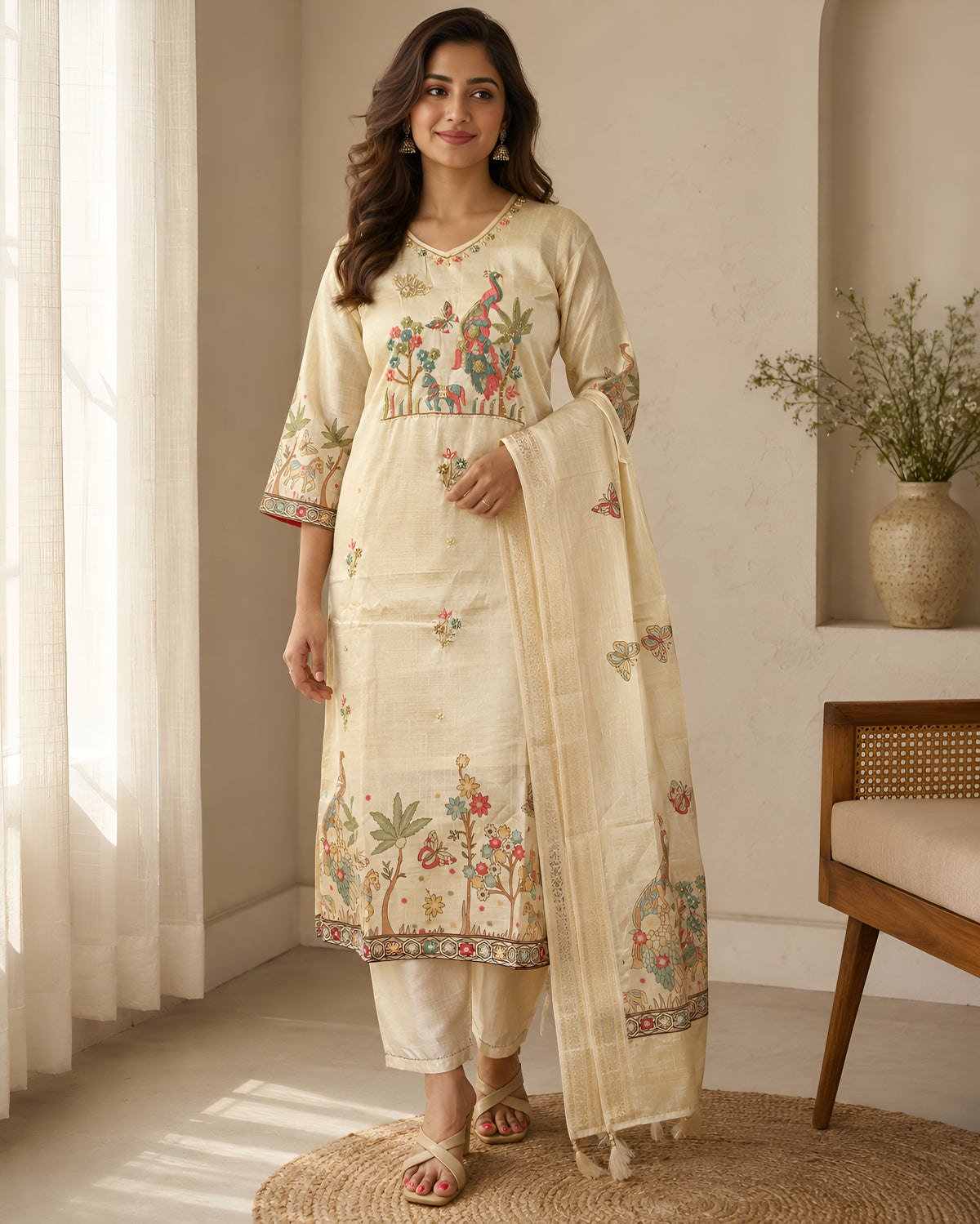 GlamVastra Mayur Vatika Beige Bamboo Silk Blend Kurta Set