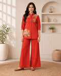 GlamVastra Terracotta Bloom Rust Linen Cotton Embroidered Co-Ord Set