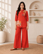 GlamVastra Terracotta Bloom Rust Linen Cotton Embroidered Co-Ord Set