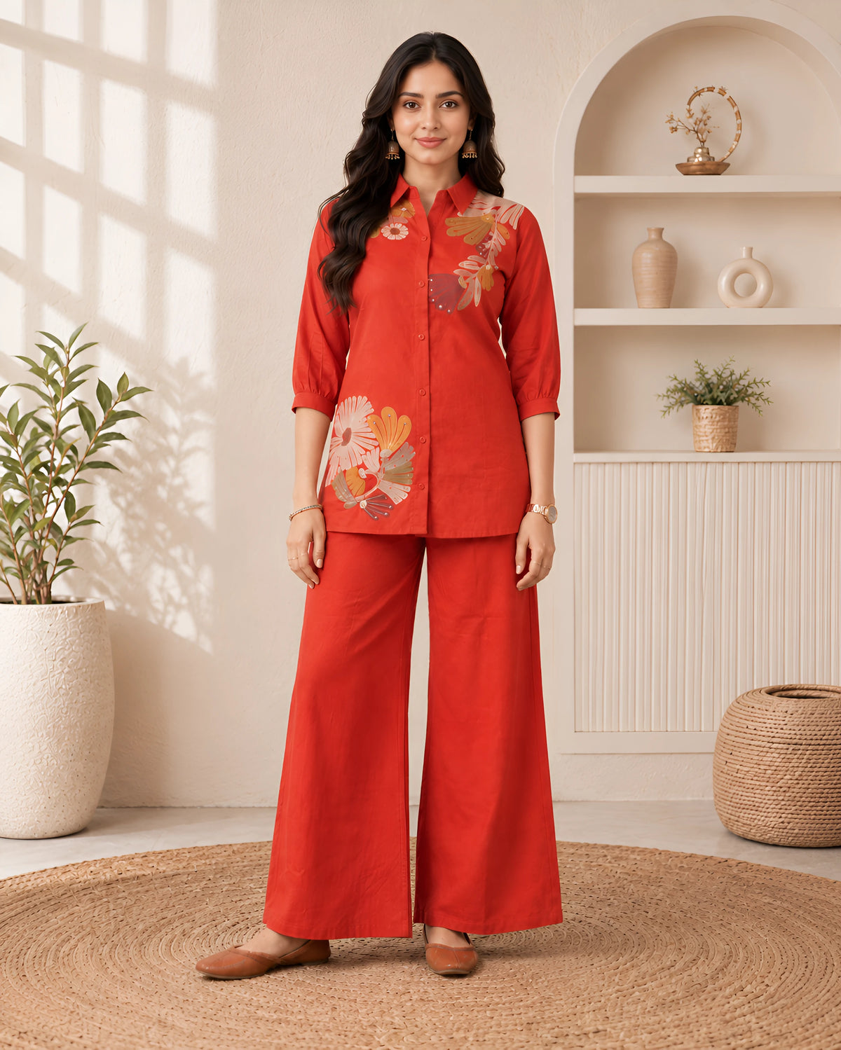 GlamVastra Terracotta Bloom Rust Linen Cotton Embroidered Co-Ord Set