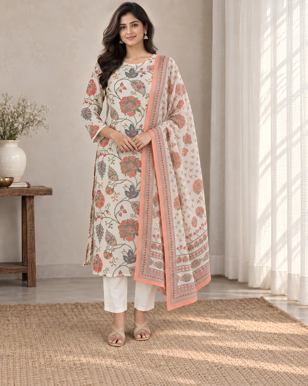 GlamVastra Noor Ivory Chanderi Kantha Work Kurta Set