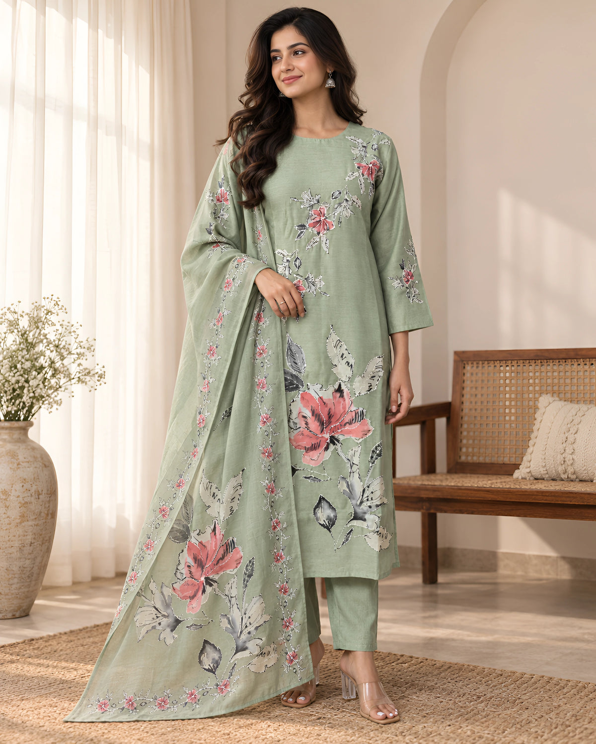 GlamVastra Sage Green Floral Printed Kurta Set with Dupatta