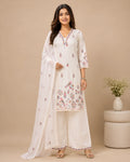 GlamVastra Gulbahar Soft White Pure Cotton Thread Embroidered Kurta Palazzo Set with Dupatta