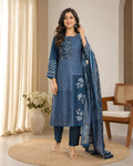 GlamVastra Indigo Mul Chanderi Placement Print Kurta Set with Hand Thread & Kantha Work