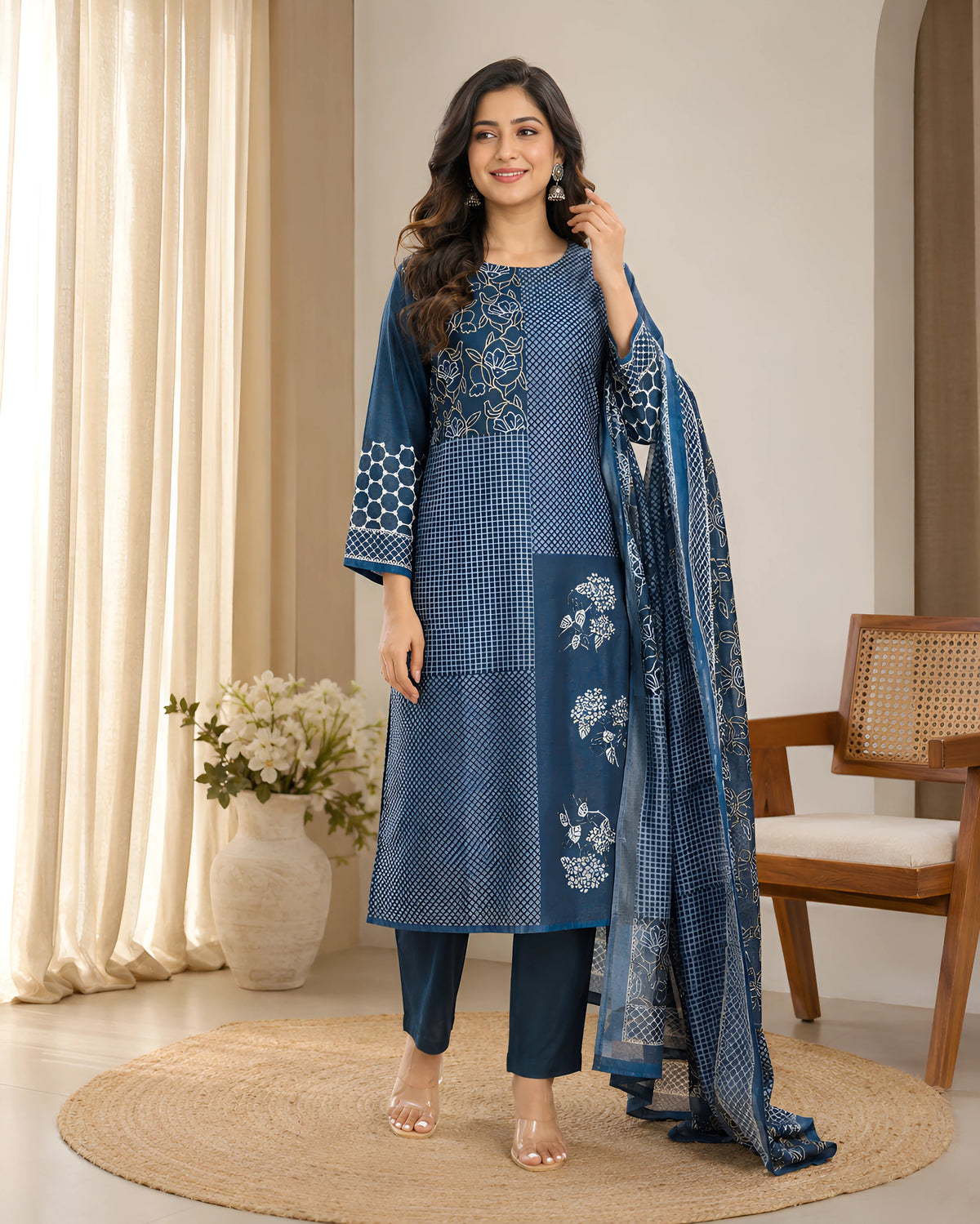 GlamVastra Indigo Mul Chanderi Placement Print Kurta Set with Hand Thread & Kantha Work