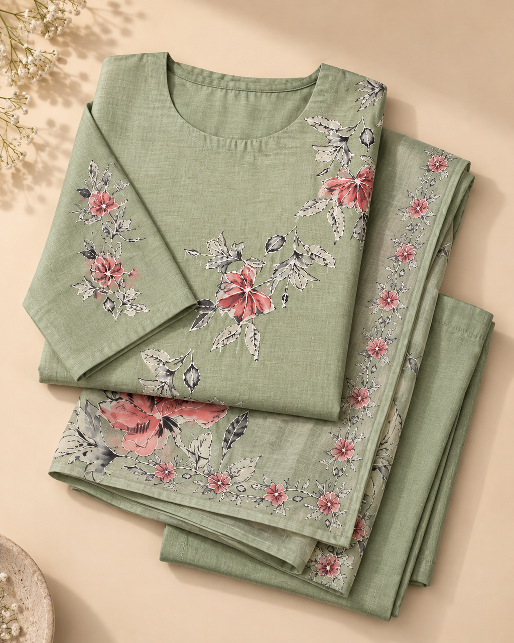GlamVastra Sage Green Floral Printed Kurta Set with Dupatta