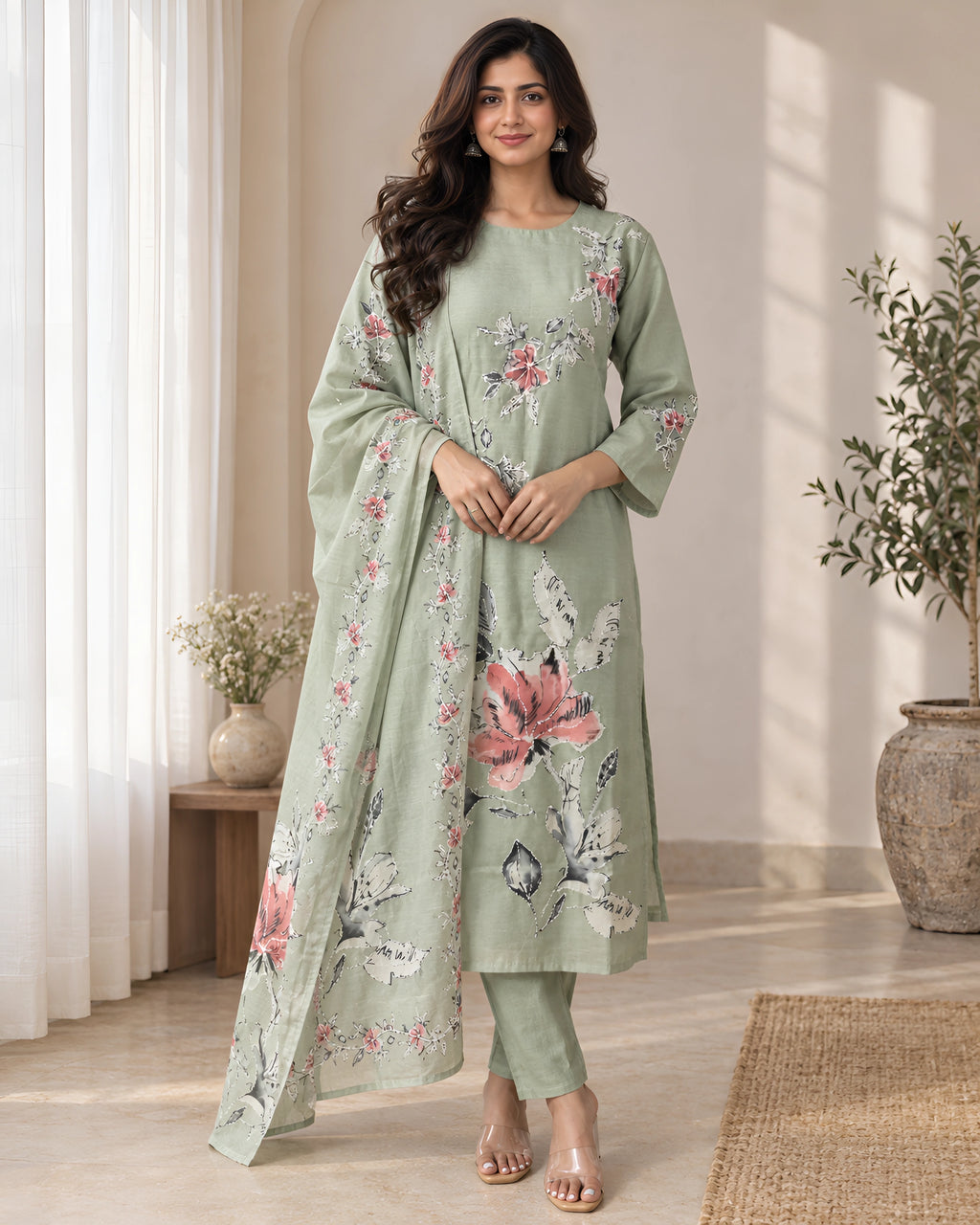 GlamVastra Sage Green Floral Printed Kurta Set with Dupatta