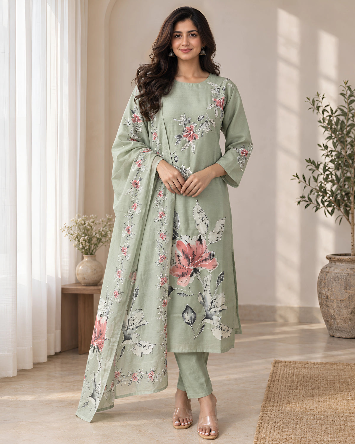 GlamVastra Sage Green Floral Printed Kurta Set with Dupatta