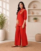 GlamVastra Terracotta Bloom Rust Linen Cotton Embroidered Co-Ord Set