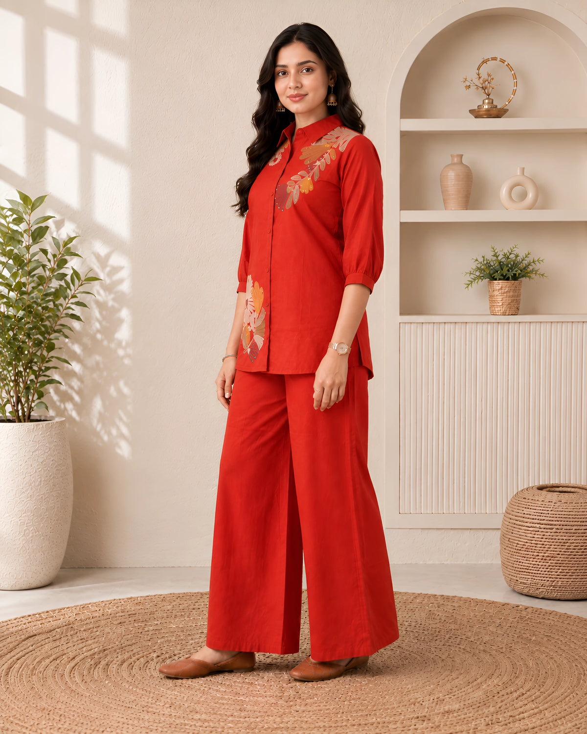 GlamVastra Terracotta Bloom Rust Linen Cotton Embroidered Co-Ord Set