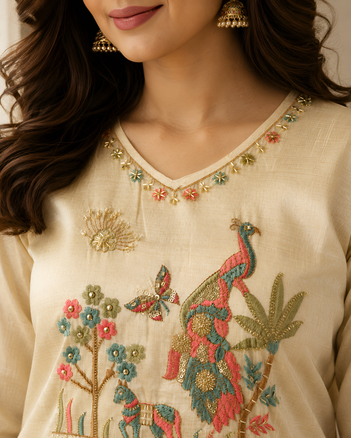 GlamVastra Mayur Vatika Beige Bamboo Silk Blend Kurta Set