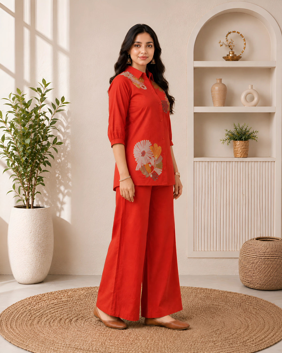 GlamVastra Terracotta Bloom Rust Linen Cotton Embroidered Co-Ord Set