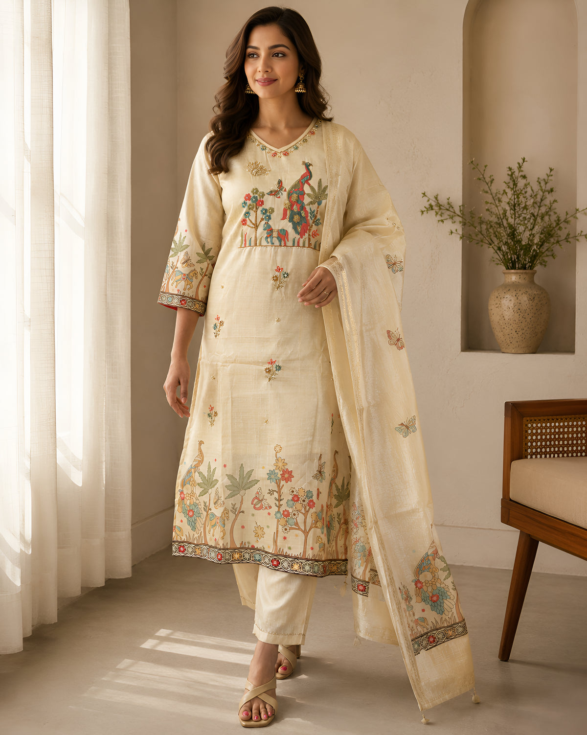 GlamVastra Mayur Vatika Beige Bamboo Silk Blend Kurta Set