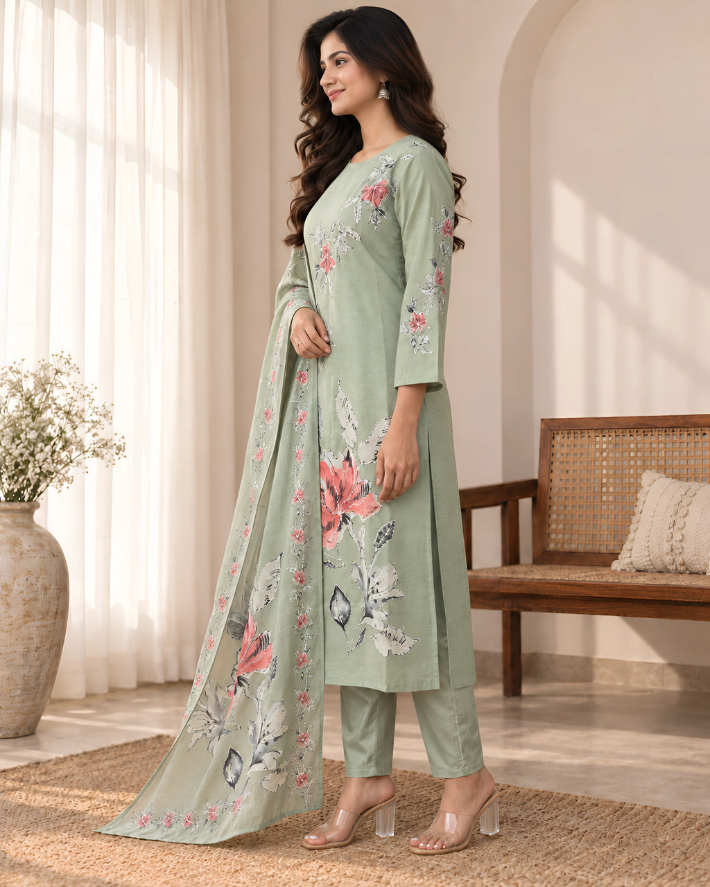 GlamVastra Sage Green Floral Printed Kurta Set with Dupatta
