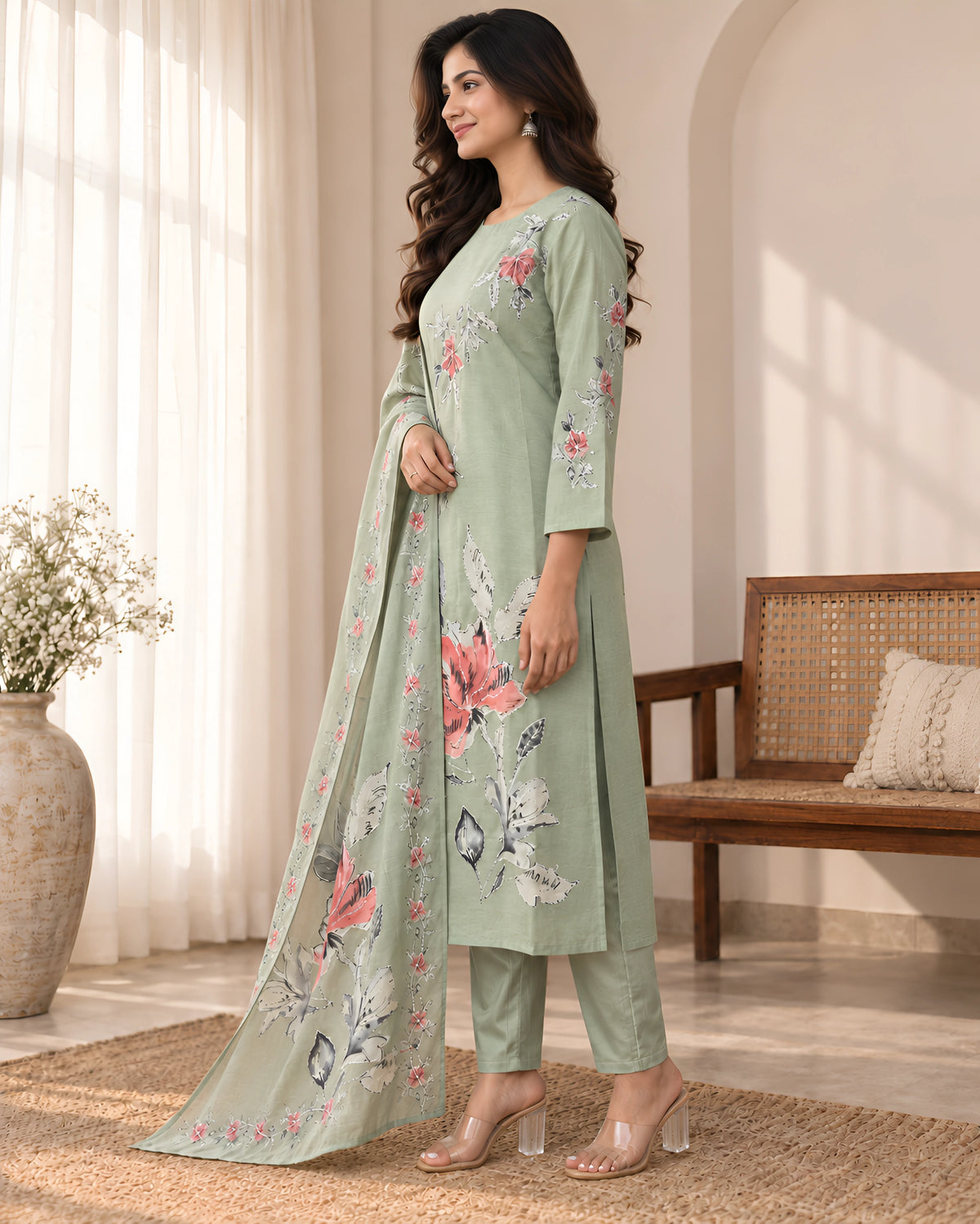 GlamVastra Sage Green Floral Printed Kurta Set with Dupatta