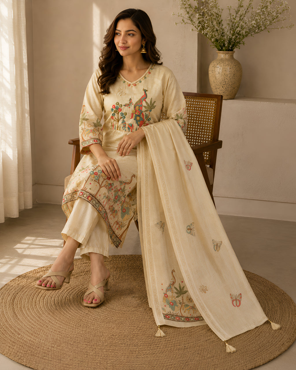 GlamVastra Mayur Vatika Beige Bamboo Silk Blend Kurta Set