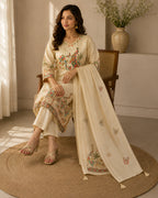 GlamVastra Mayur Vatika Beige Bamboo Silk Blend Kurta Set