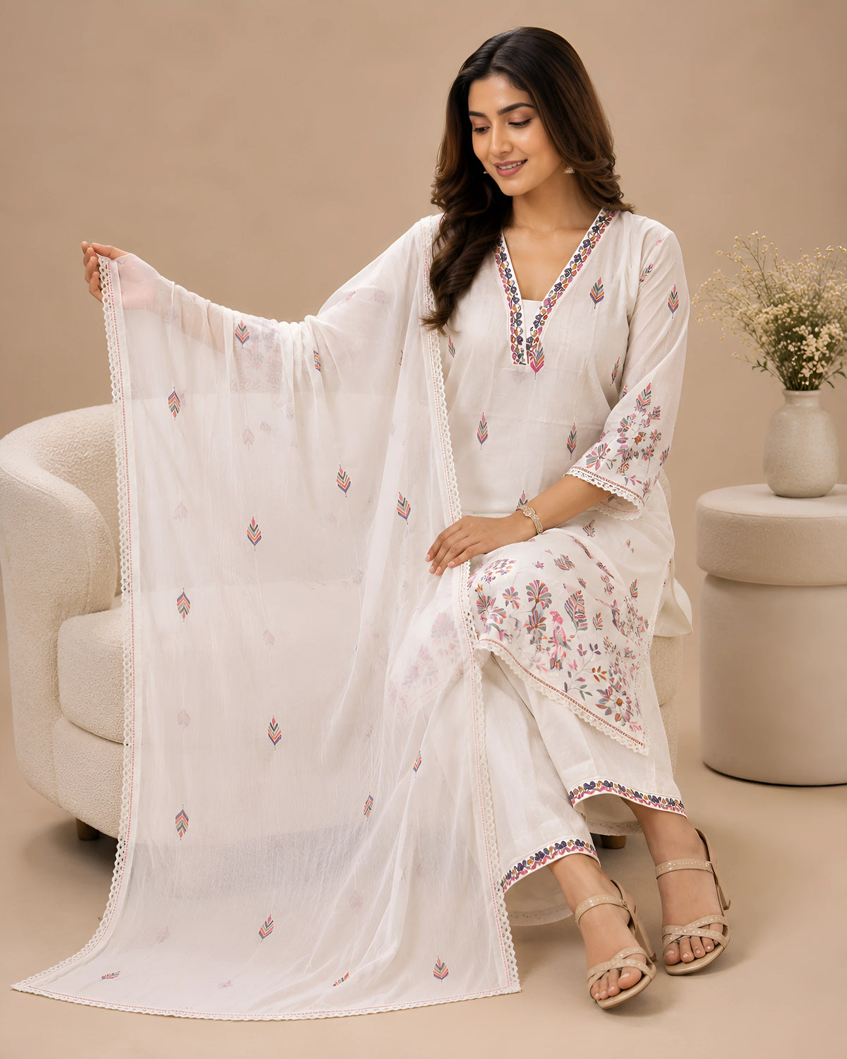 GlamVastra Gulbahar Soft White Pure Cotton Thread Embroidered Kurta Palazzo Set with Dupatta