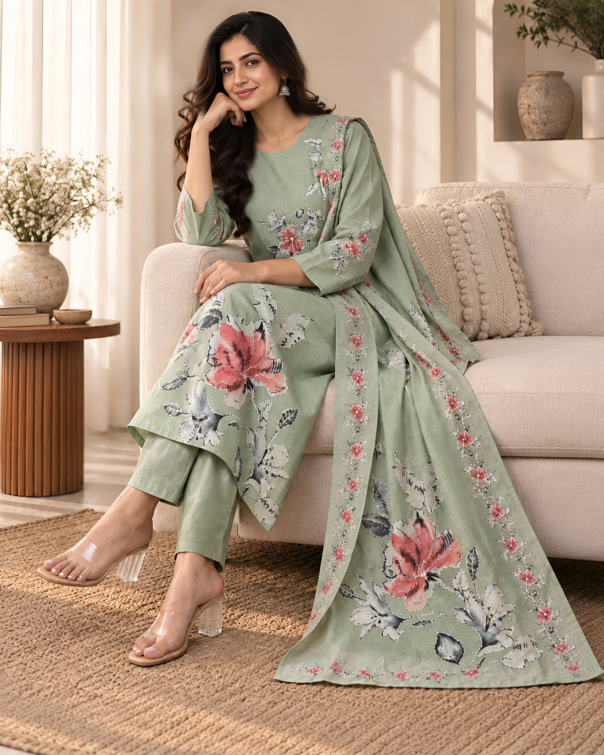 GlamVastra Sage Green Floral Printed Kurta Set with Dupatta