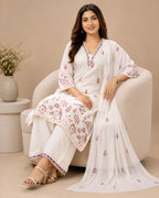 GlamVastra Gulbahar Soft White Pure Cotton Thread Embroidered Kurta Palazzo Set with Dupatta