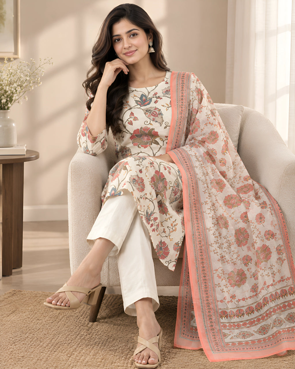 GlamVastra Noor Ivory Chanderi Kantha Work Kurta Set