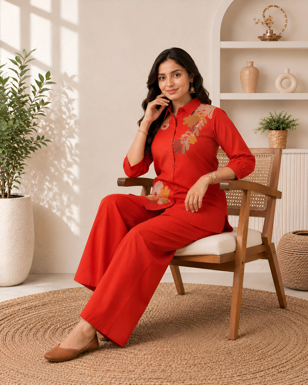 GlamVastra Terracotta Bloom Rust Linen Cotton Embroidered Co-Ord Set
