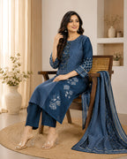 GlamVastra Indigo Mul Chanderi Placement Print Kurta Set with Hand Thread & Kantha Work