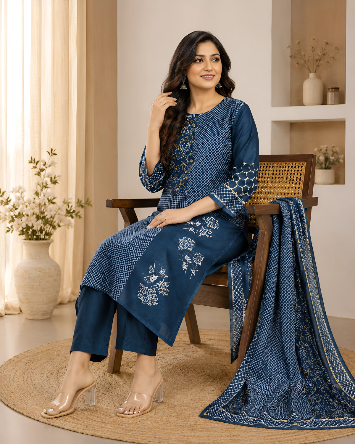 GlamVastra Indigo Mul Chanderi Placement Print Kurta Set with Hand Thread & Kantha Work