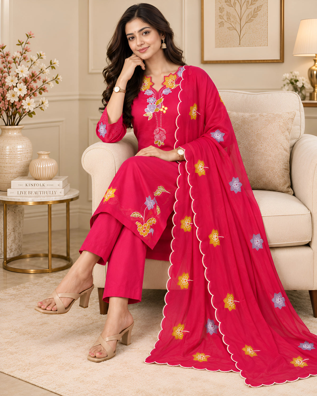 GlamVastra Premium Mehfil Pink Mul Chanderi Kurta Set