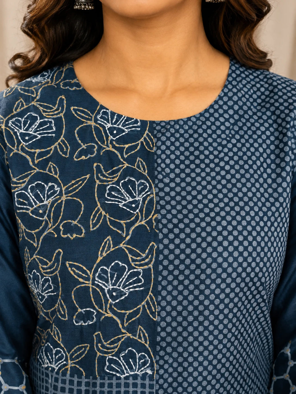 GlamVastra Indigo Mul Chanderi Placement Print Kurta Set with Hand Thread & Kantha Work