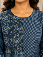 GlamVastra Indigo Mul Chanderi Placement Print Kurta Set with Hand Thread & Kantha Work