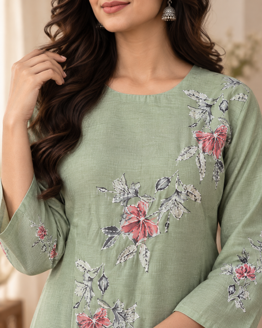GlamVastra Sage Green Floral Printed Kurta Set with Dupatta