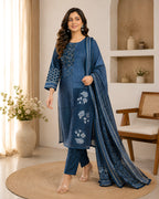 GlamVastra Indigo Mul Chanderi Placement Print Kurta Set with Hand Thread & Kantha Work