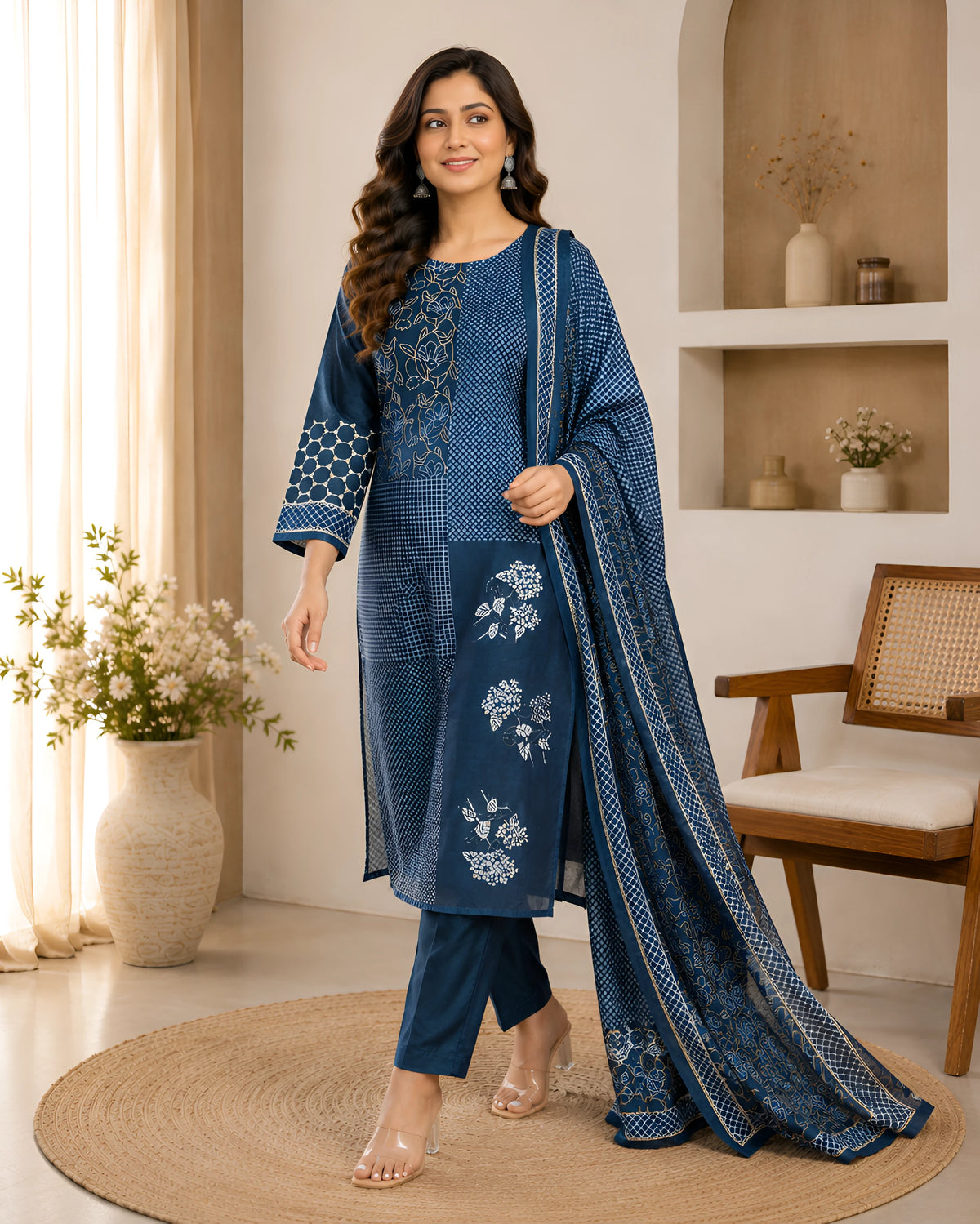 GlamVastra Indigo Mul Chanderi Placement Print Kurta Set with Hand Thread & Kantha Work